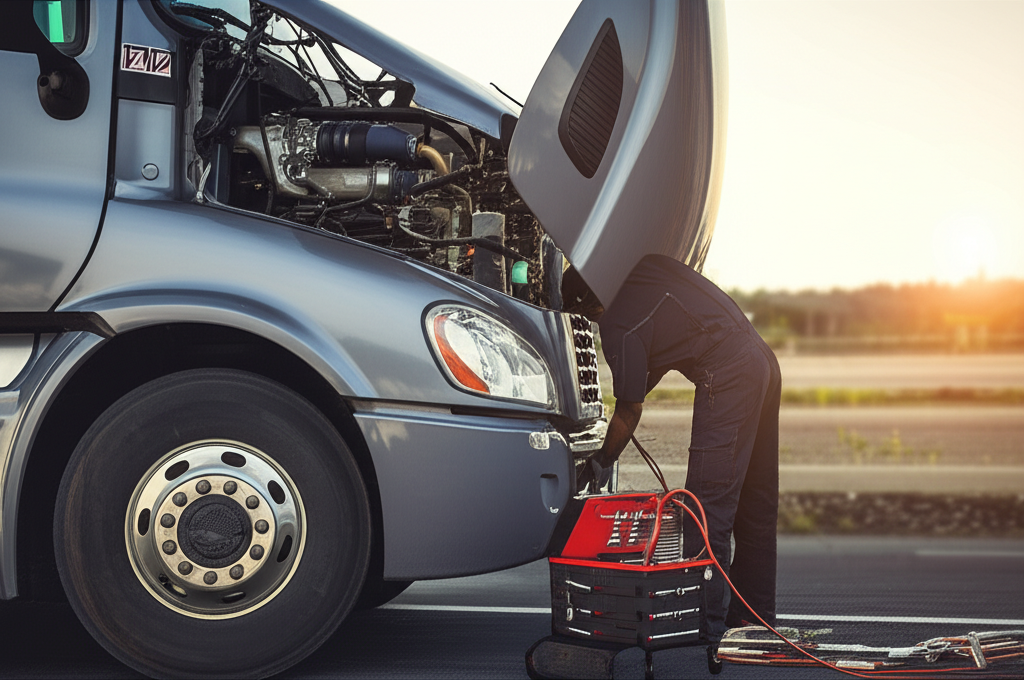 Mobile diesel engine repair being performed roadside near Ogallala Nebraska
