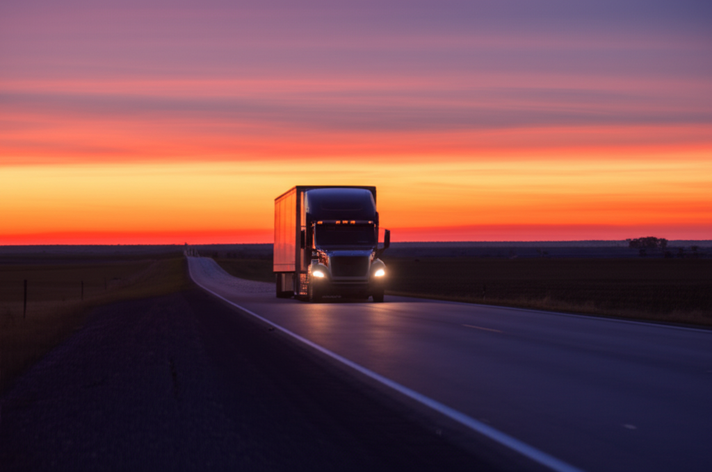 Julesburg, CO I‑76 corridor at sunset with semi trucks